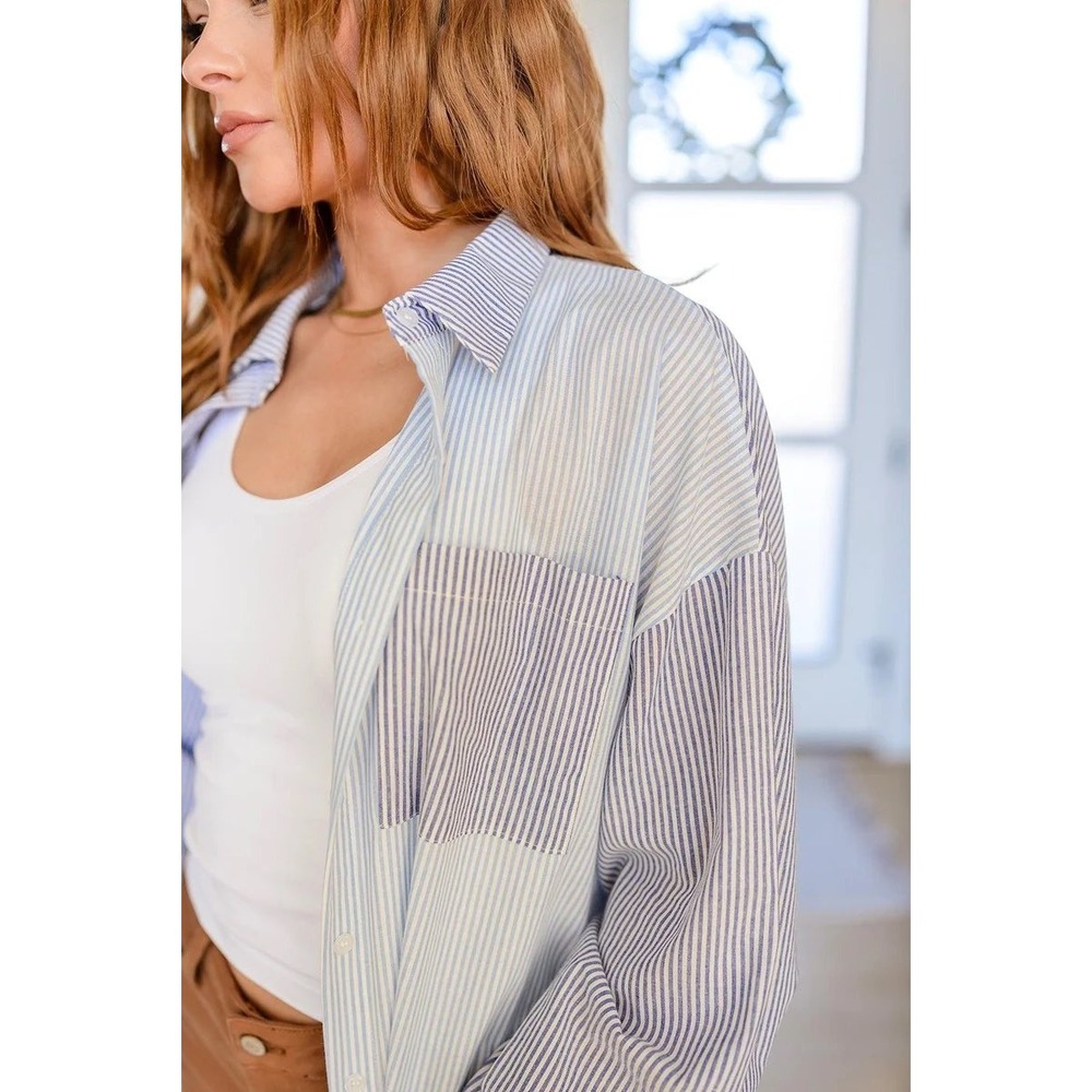 Andree by Unit Blue White Mixed Stripe Oversized Button Down Shirt Plus Size 2X